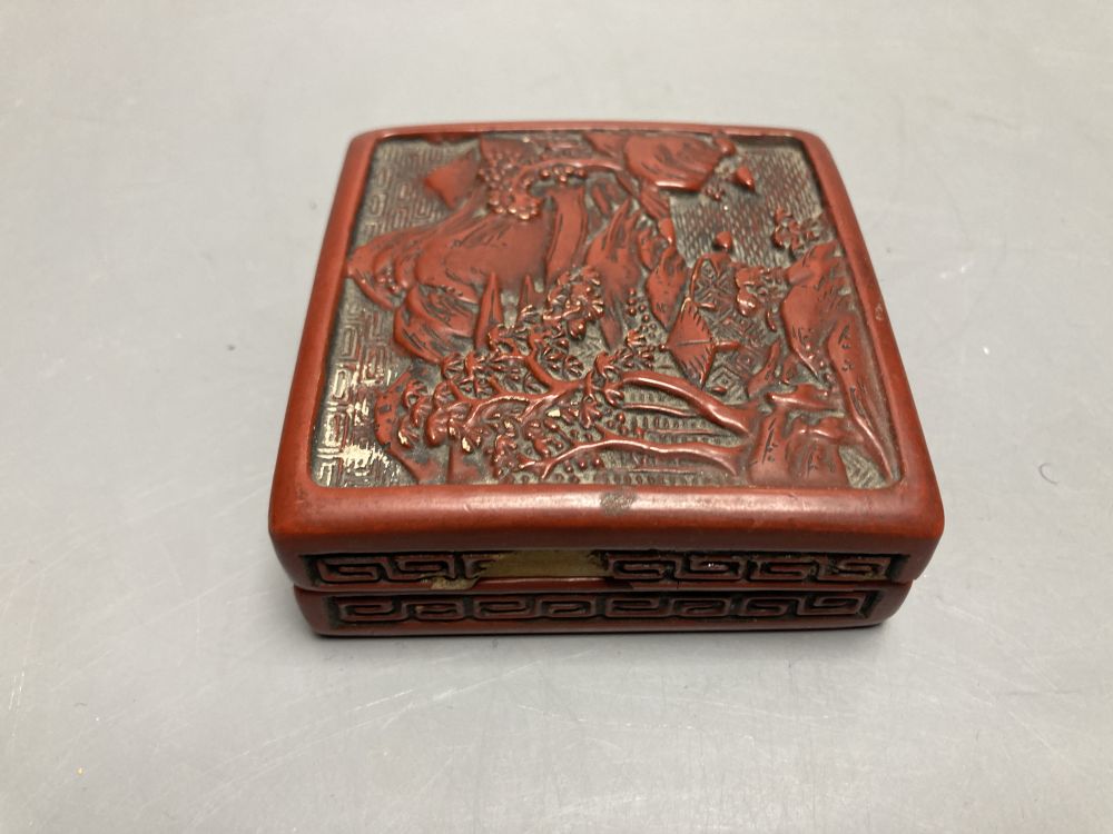 A Chinese cinnabar lacquer box, a carved ivory Chinese brush pot, 14cm and a cloisonne dish